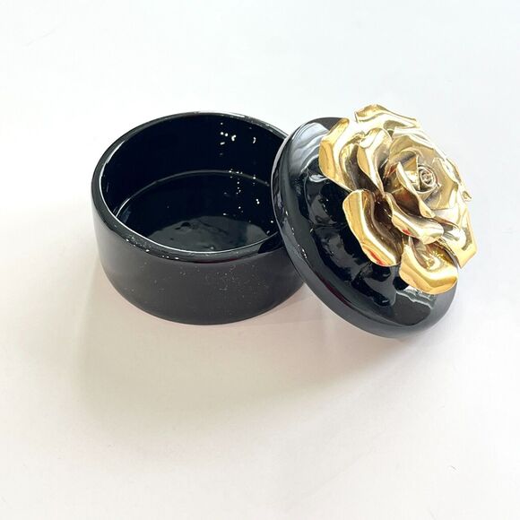 Trinket Box Ceramic 3D Gold Rose Floral Black Treasure Keepsake Jewelry Box Gift - Picture 4 of 9